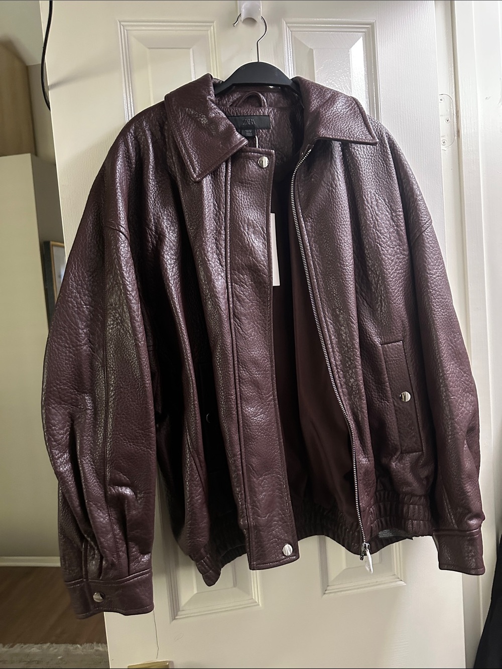 Zara Leather Bomber Jacket - Dark Burgundy